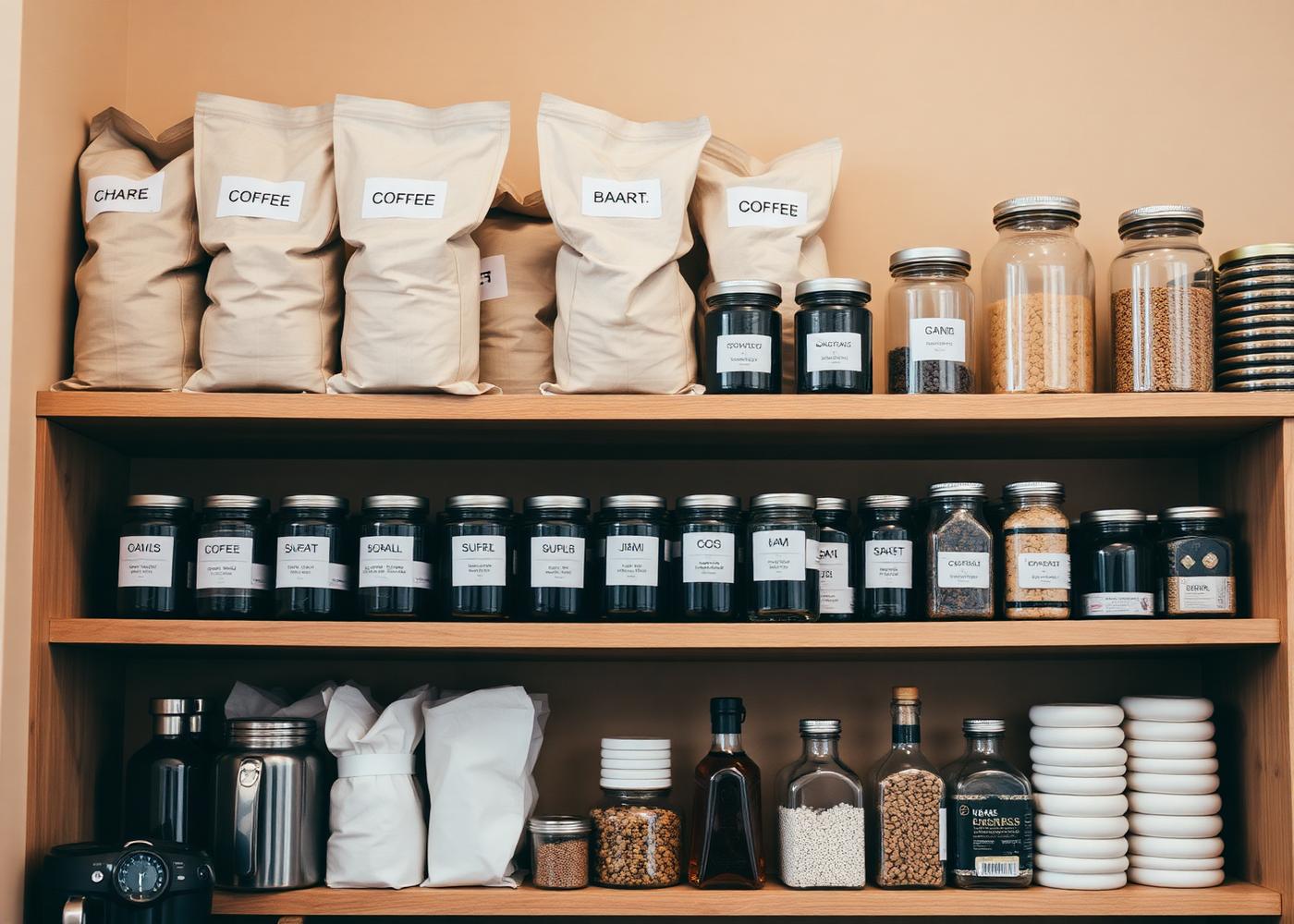 Café stockroom shelves with labelled coffee sacks and jars