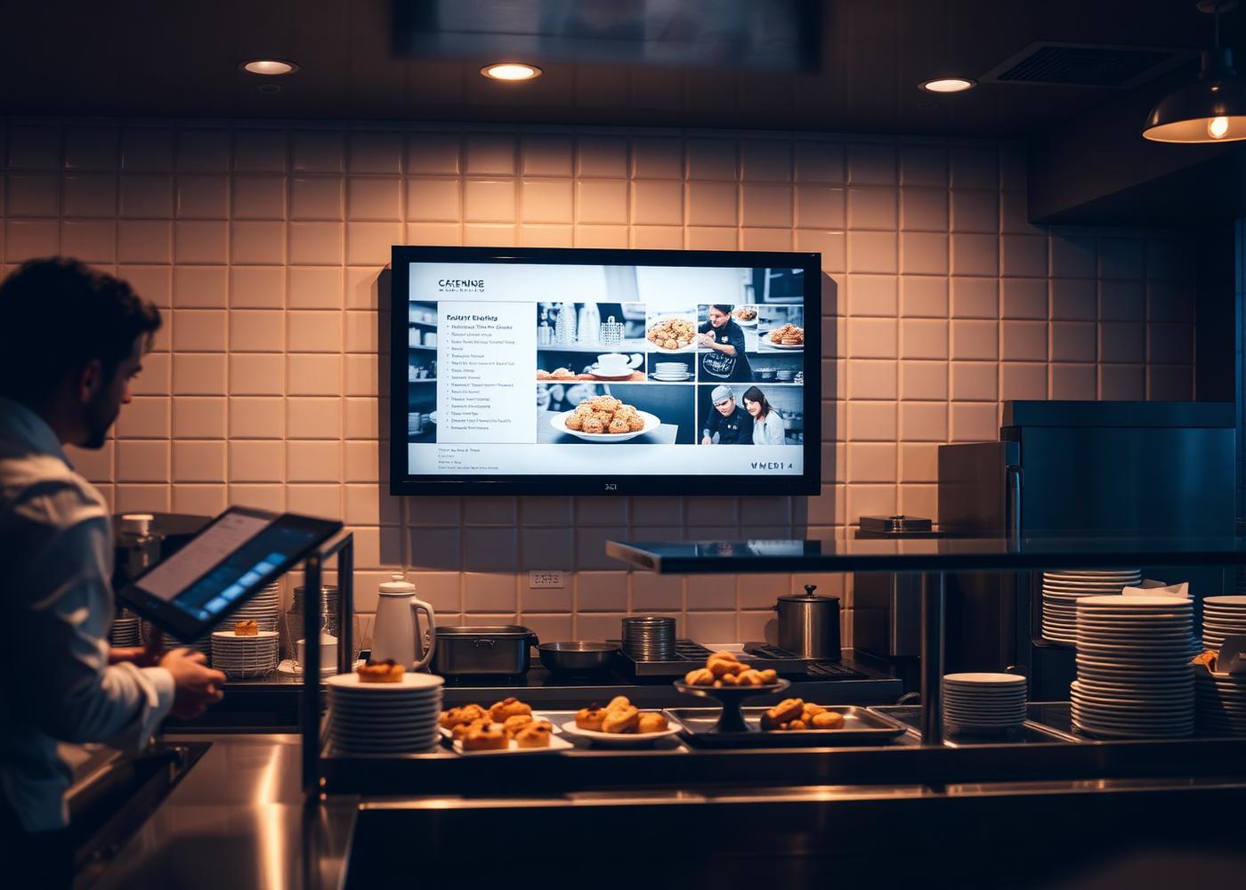 Kitchen display screen above a café pass with pastries