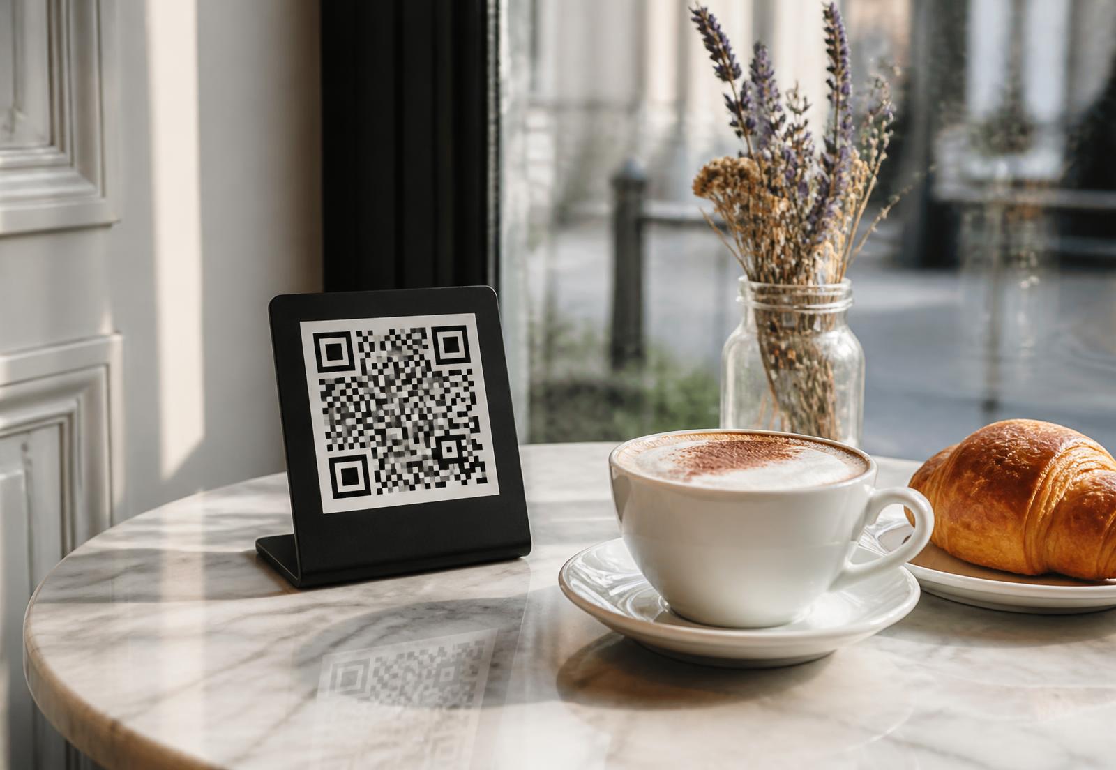 Guest scanning a QR code at a marble café table