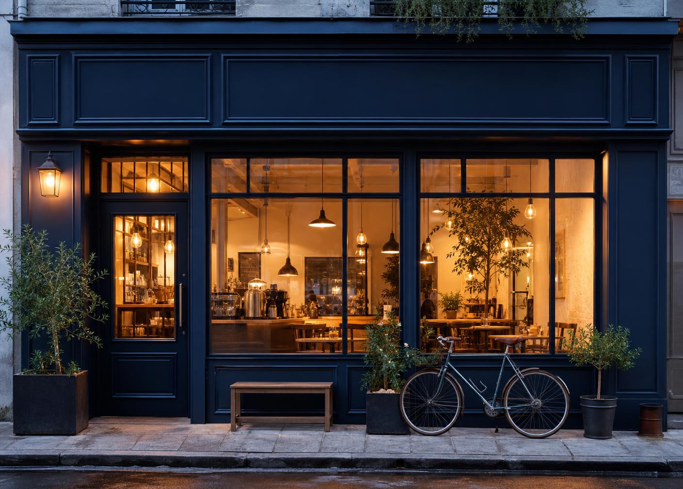 Independent café storefront at dusk with warm lit windows